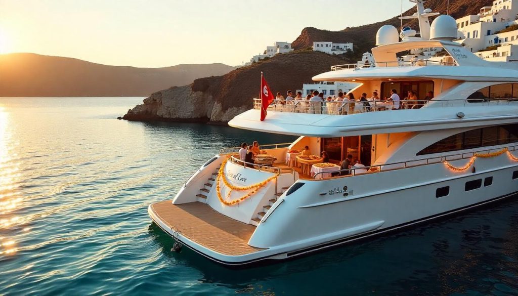 Yacht Charter for Special Anniversaries: A 50th anniversary party on a yacht in Santorini.